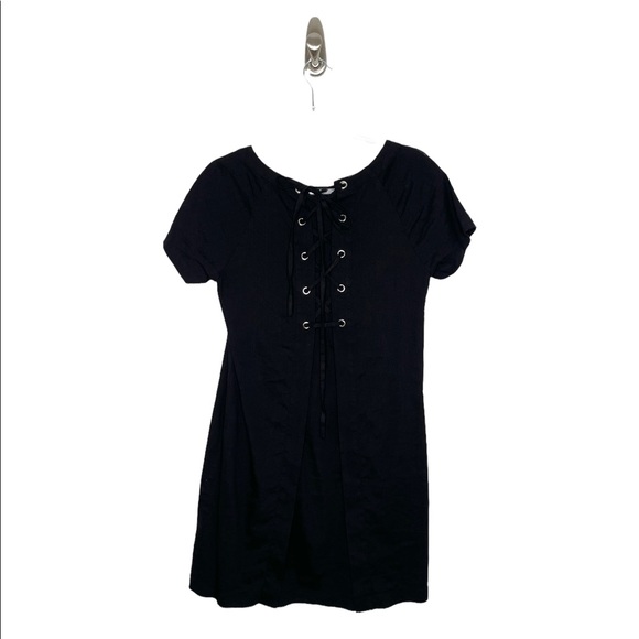 Theory | Linen Lace Back Short Sleeve Mini Dress in Black 4 - Picture 2 of 7